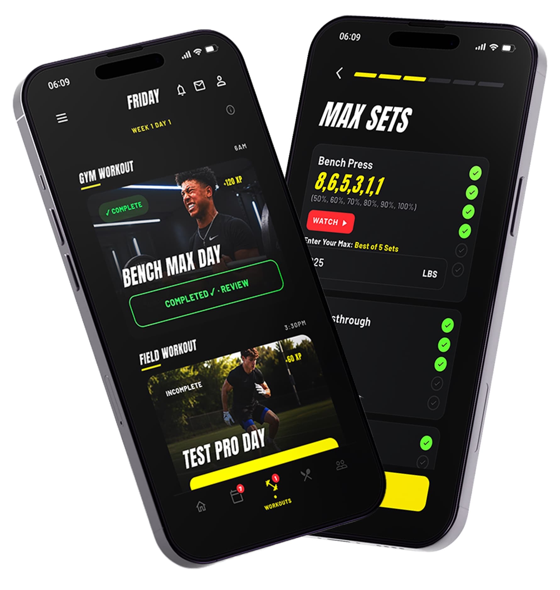 Gym and field workouts with max-set tracking